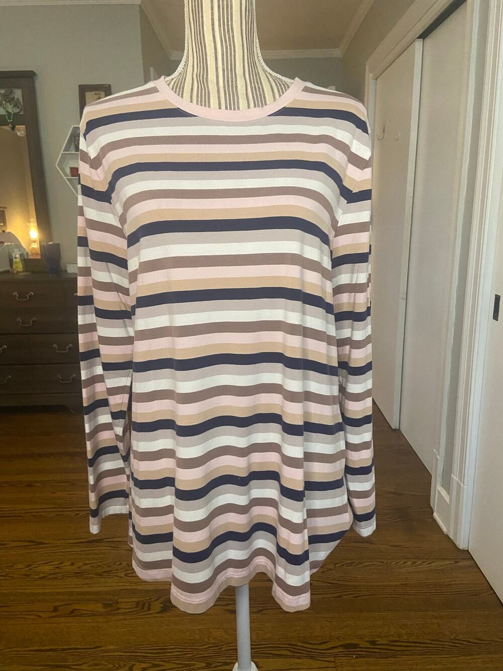 Isaac Mizrahi LIVE! long sleeve round neck striped tunic length tshirt